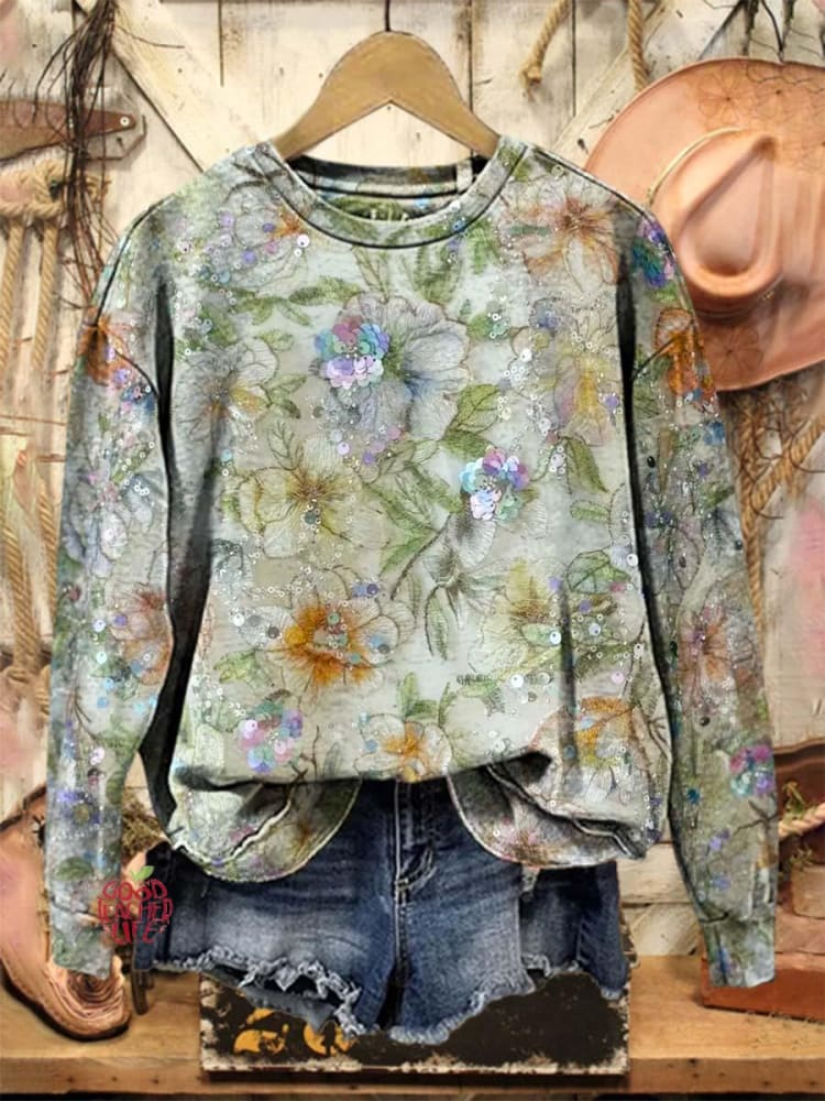 Women's Crew Neck Floral Printing Casual Spring/Fall Long Sleeve Sweatshirt