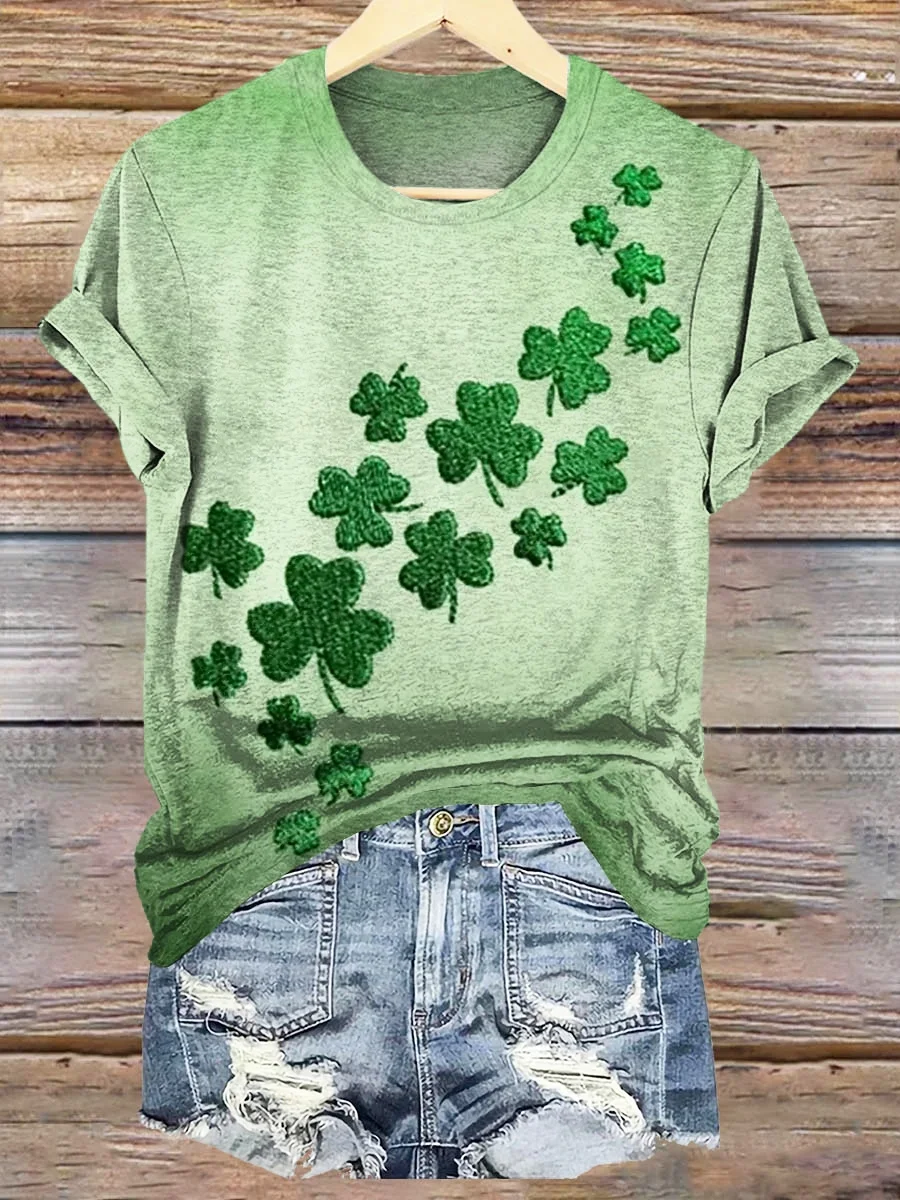 Women's Four-leaf Clover Short Sleeve Tee T-shirt Crew Neck Casual Summer Top