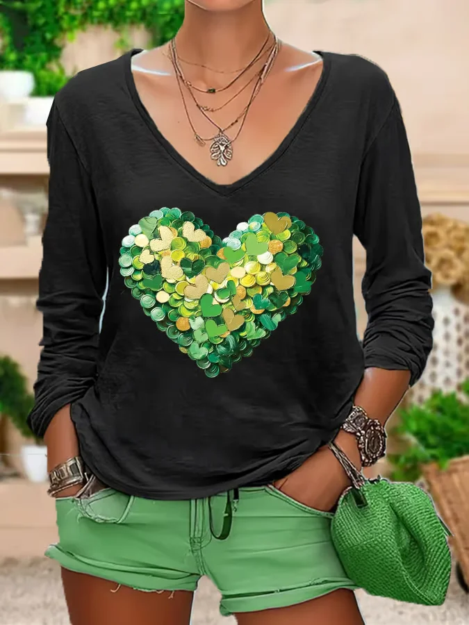 Women's Long Sleeve Tee T-shirt Spring/Fall Heart/Cordate Printing V Neck Casual Graphic Tee Top