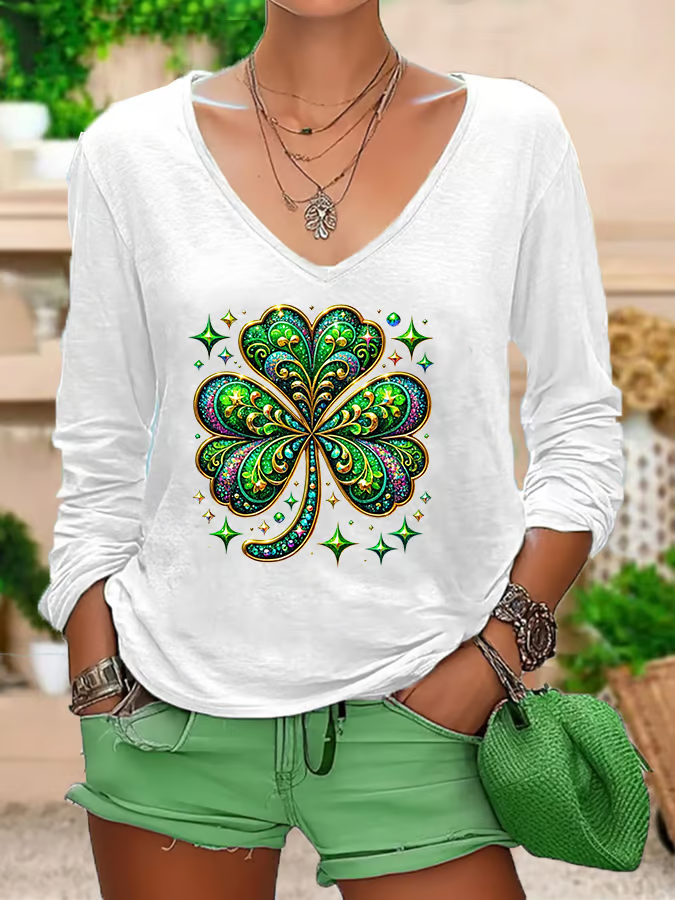 Women's Long Sleeve Tee T-shirt Spring/Fall Shamrock Printing V Neck Casual Graphic Tee Top