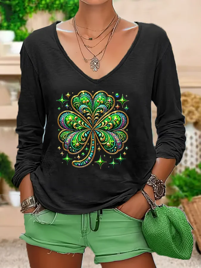 Women's Long Sleeve Tee T-shirt Spring/Fall Shamrock Printing V Neck Casual Graphic Tee Top