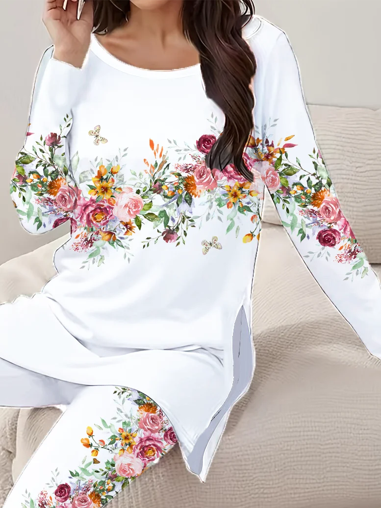 Women's Printing Floral Daily Going Out Two Piece Set Long Sleeve Casual Spring/Fall Top With Pants Matching Set