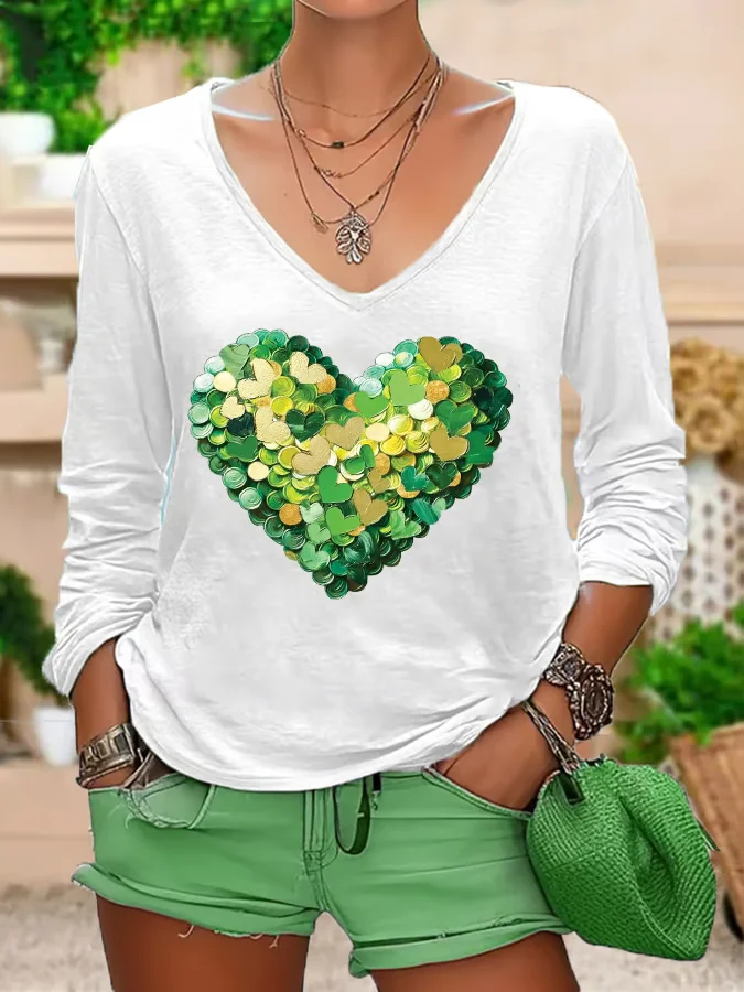 Women's Long Sleeve Tee T-shirt Spring/Fall Heart/Cordate Printing V Neck Casual Graphic Tee Top