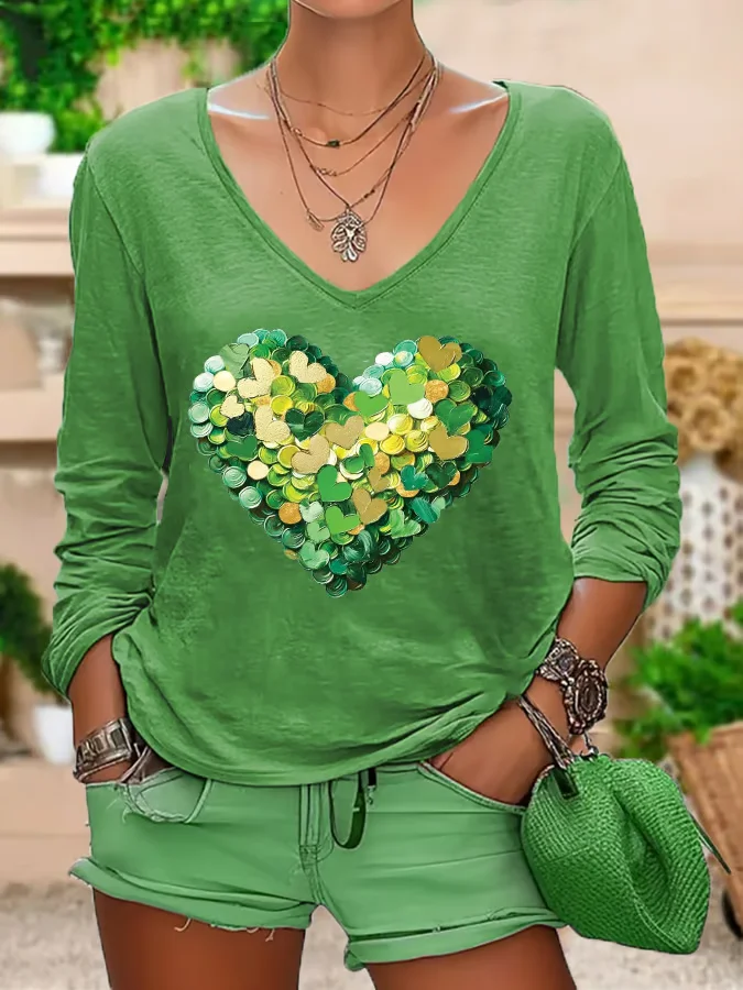 Women's Long Sleeve Tee T-shirt Spring/Fall Heart/Cordate Printing V Neck Casual Graphic Tee Top