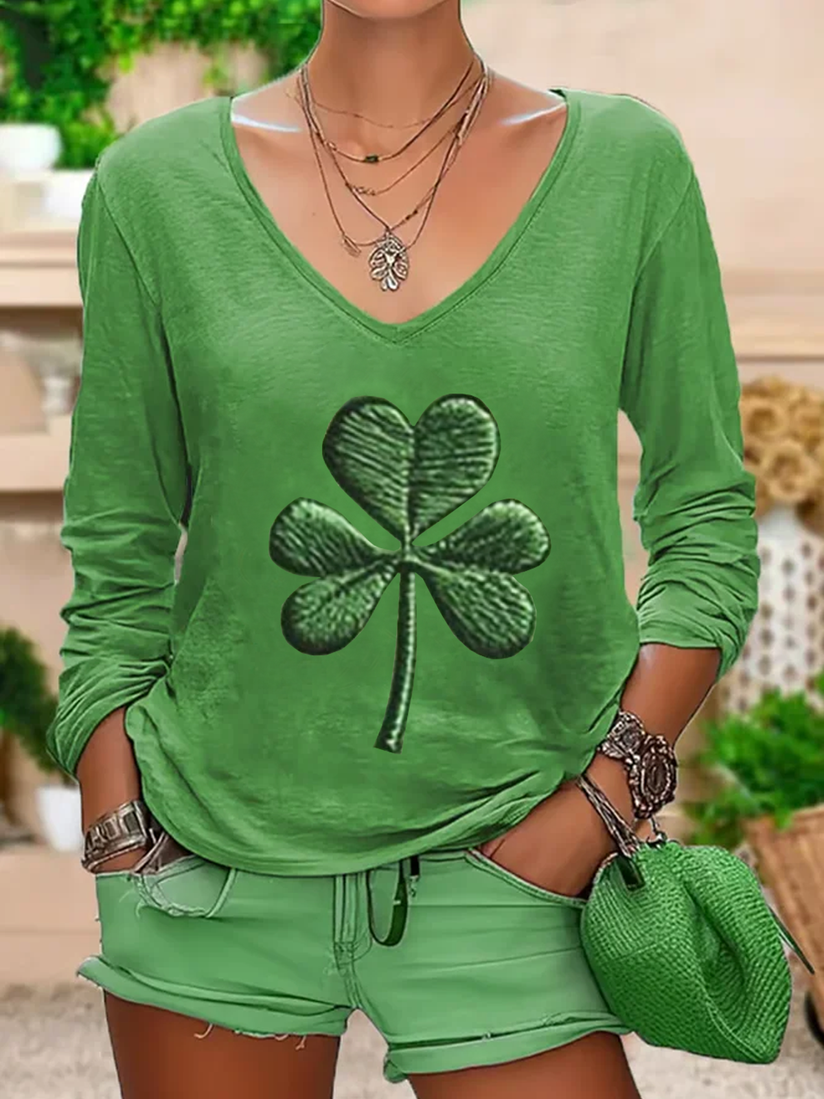 Women's Shamrock Long Sleeve Tee T-shirt V Neck Casual Spring/Fall Top