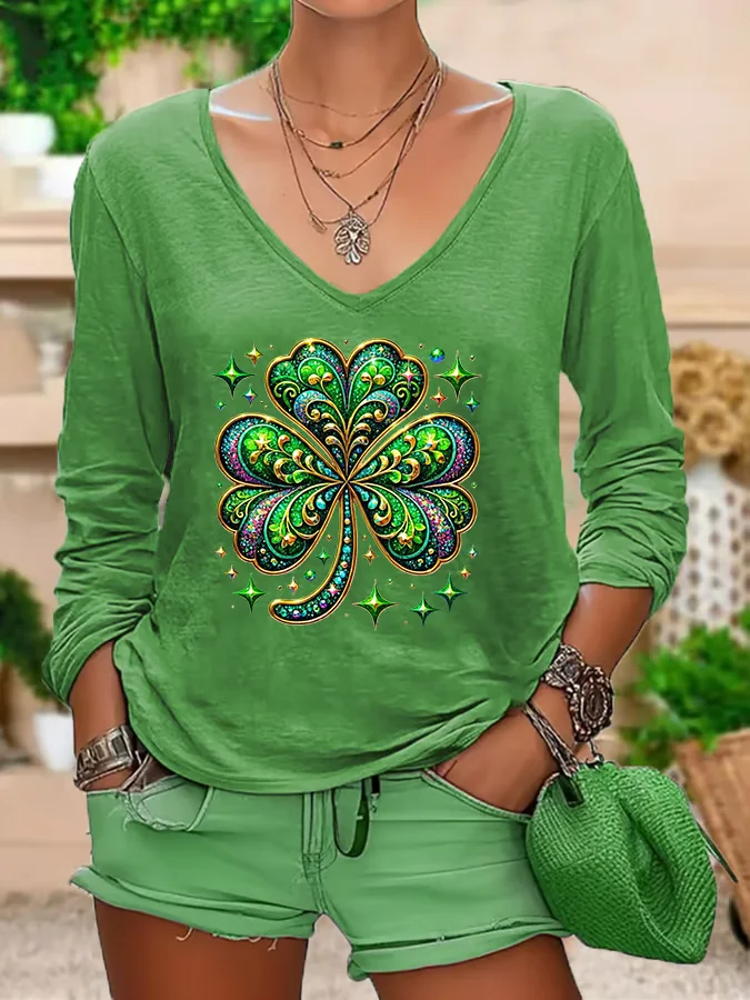 Women's Long Sleeve Tee T-shirt Spring/Fall Shamrock Printing V Neck Casual Graphic Tee Top