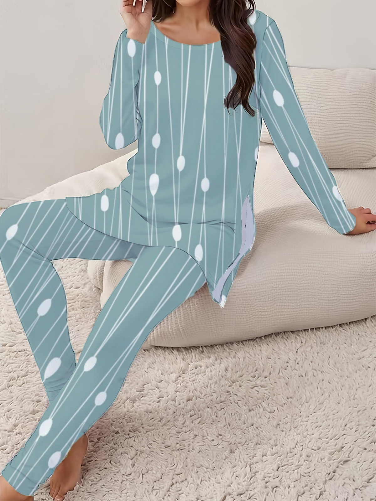 Women's Printing Striped Daily Going Out Two Piece Set Long Sleeve Casual Spring/Fall Top With Pants Matching Set