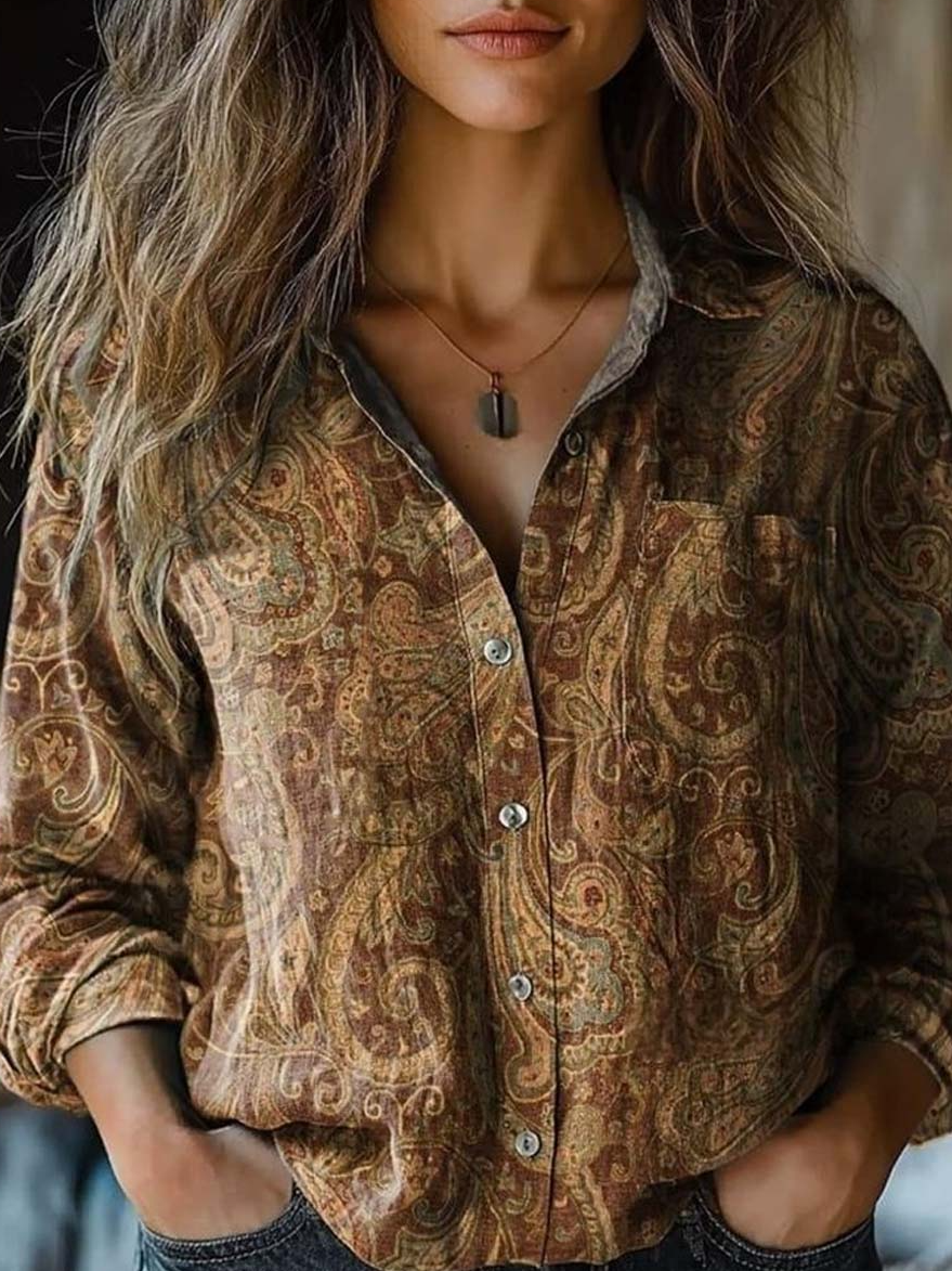 Women's Long Sleeve Shirt Spring/Fall Paisley Shawl Collar Daily Going Out Vintage Top