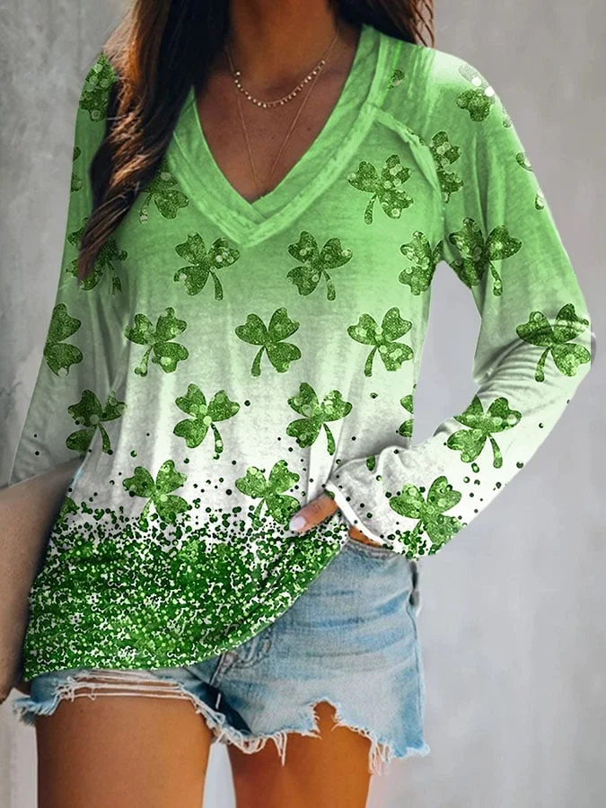 Women's Long Sleeve Blouse Spring/Fall Shamrock Printing V Neck Daily Going Out Casual Top