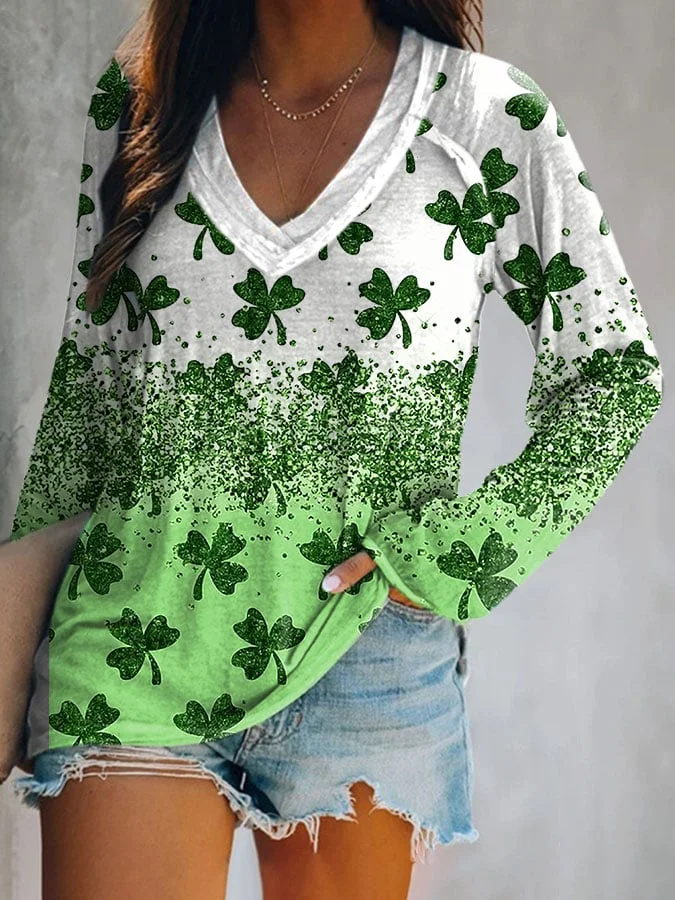 Women's Long Sleeve Blouse Spring/Fall Shamrock St. Patrick's Day Floral V Neck Daily Going Out Casual Top