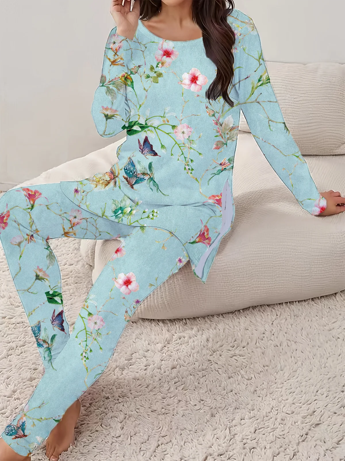 Women's Printing Floral Daily Going Out Two Piece Set Long Sleeve Casual Spring/Fall Top With Pants Matching Set