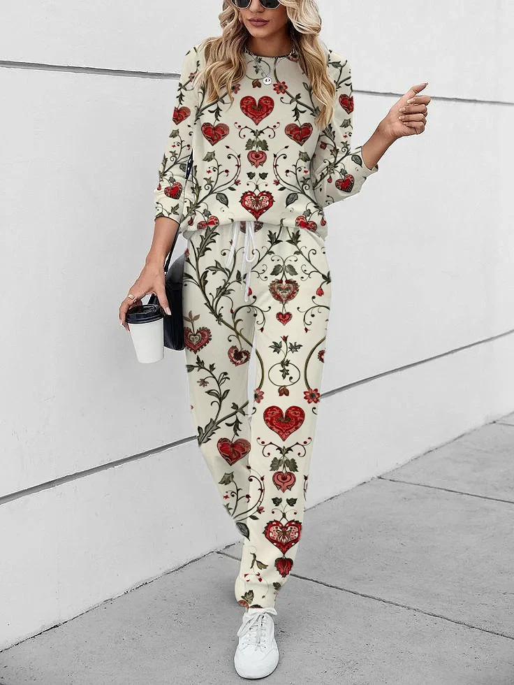 Women's Printing Floral Daily Going Out Two Piece Set Long Sleeve Casual Spring/Fall Top With Pants Matching Set