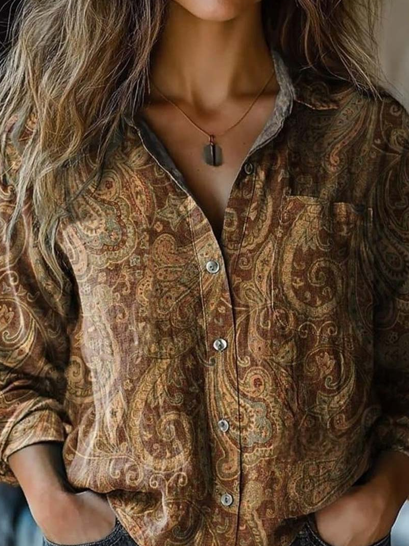 Women's Long Sleeve Shirt Spring/Fall Paisley Shawl Collar Daily Going Out Vintage Top