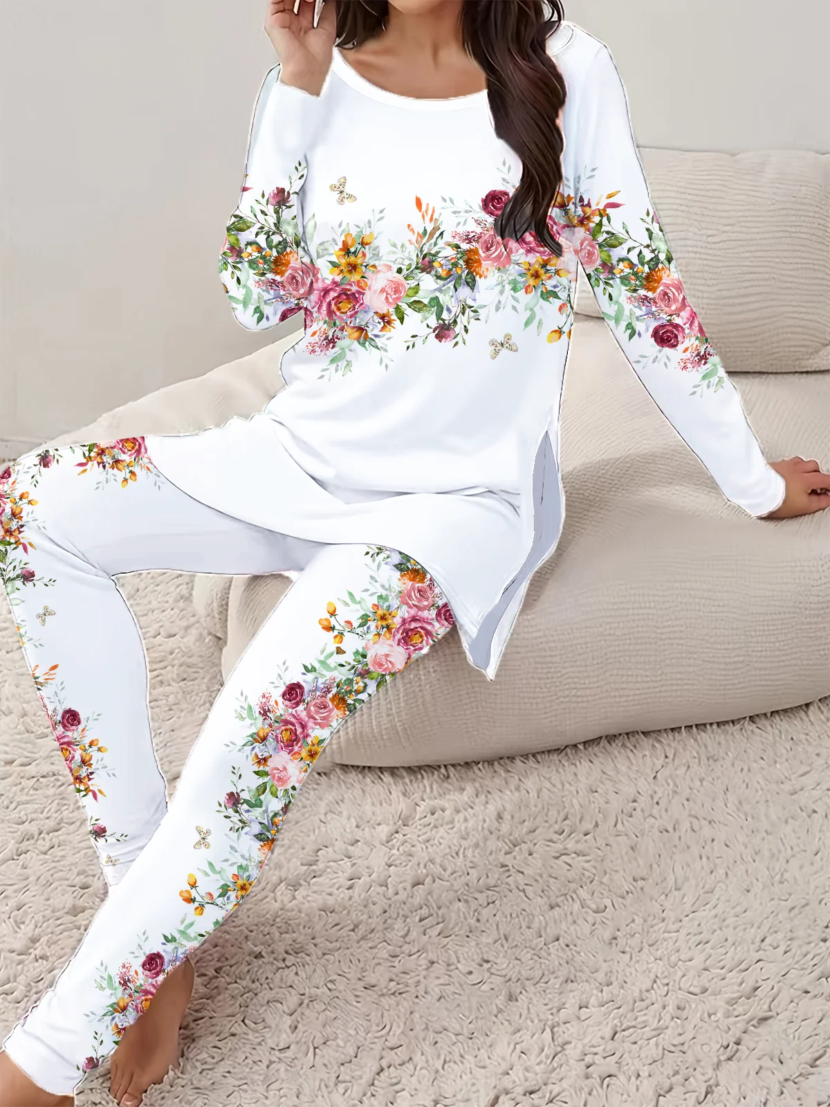 Women's Printing Floral Daily Going Out Two Piece Set Long Sleeve Casual Spring/Fall Top With Pants Matching Set