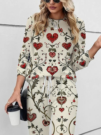 Women's Printing Floral Daily Going Out Two Piece Set Long Sleeve Casual Spring/Fall Top With Pants Matching Set