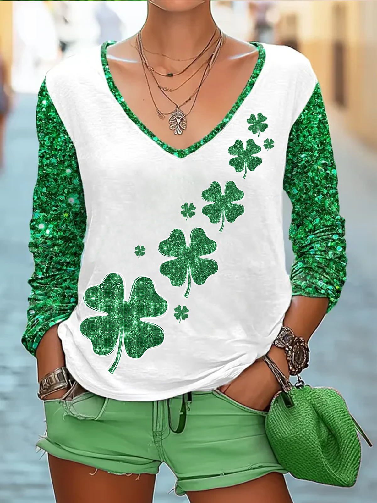 Women's Four-leaf Clover Long Sleeve Tee T-shirt V Neck Casual Spring/Fall Top