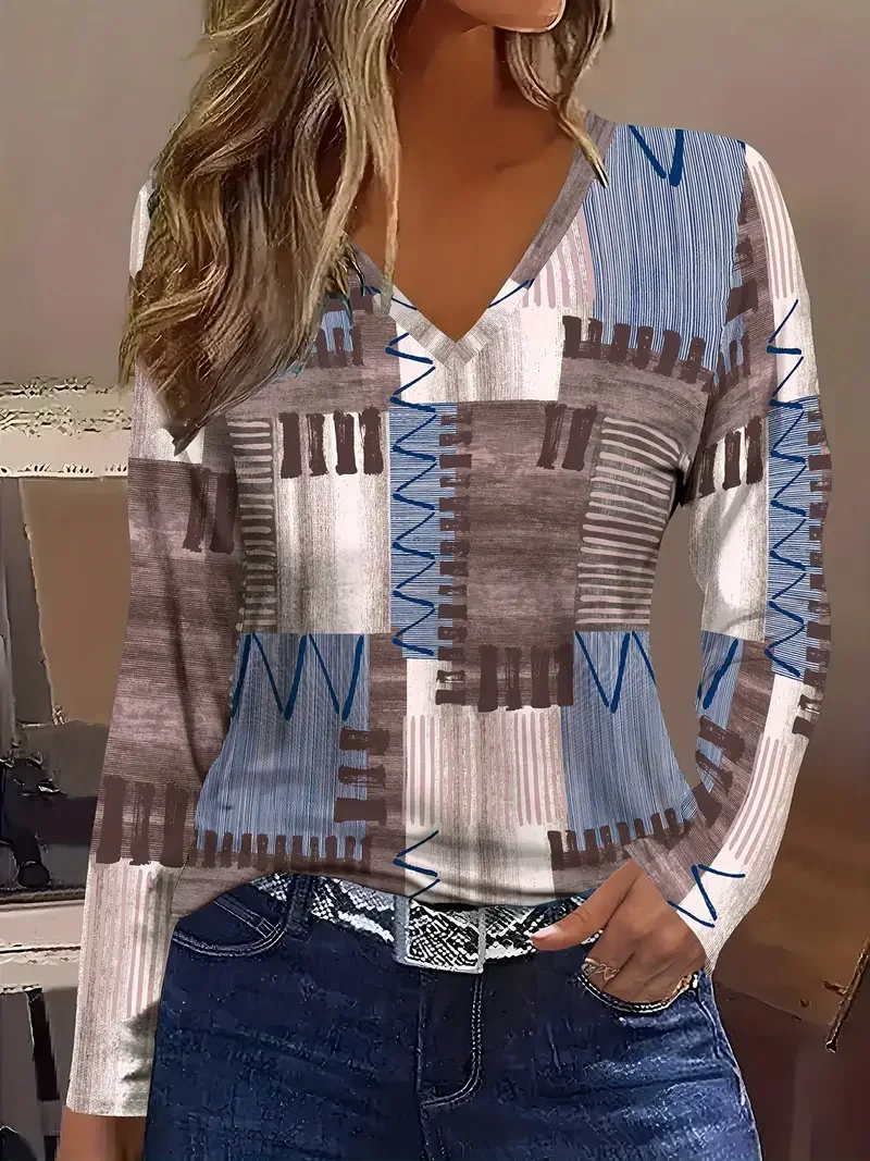 Women's Long Sleeve Tee T-shirt Spring/Fall Geometric Printing V Neck Casual Graphic Tee Top