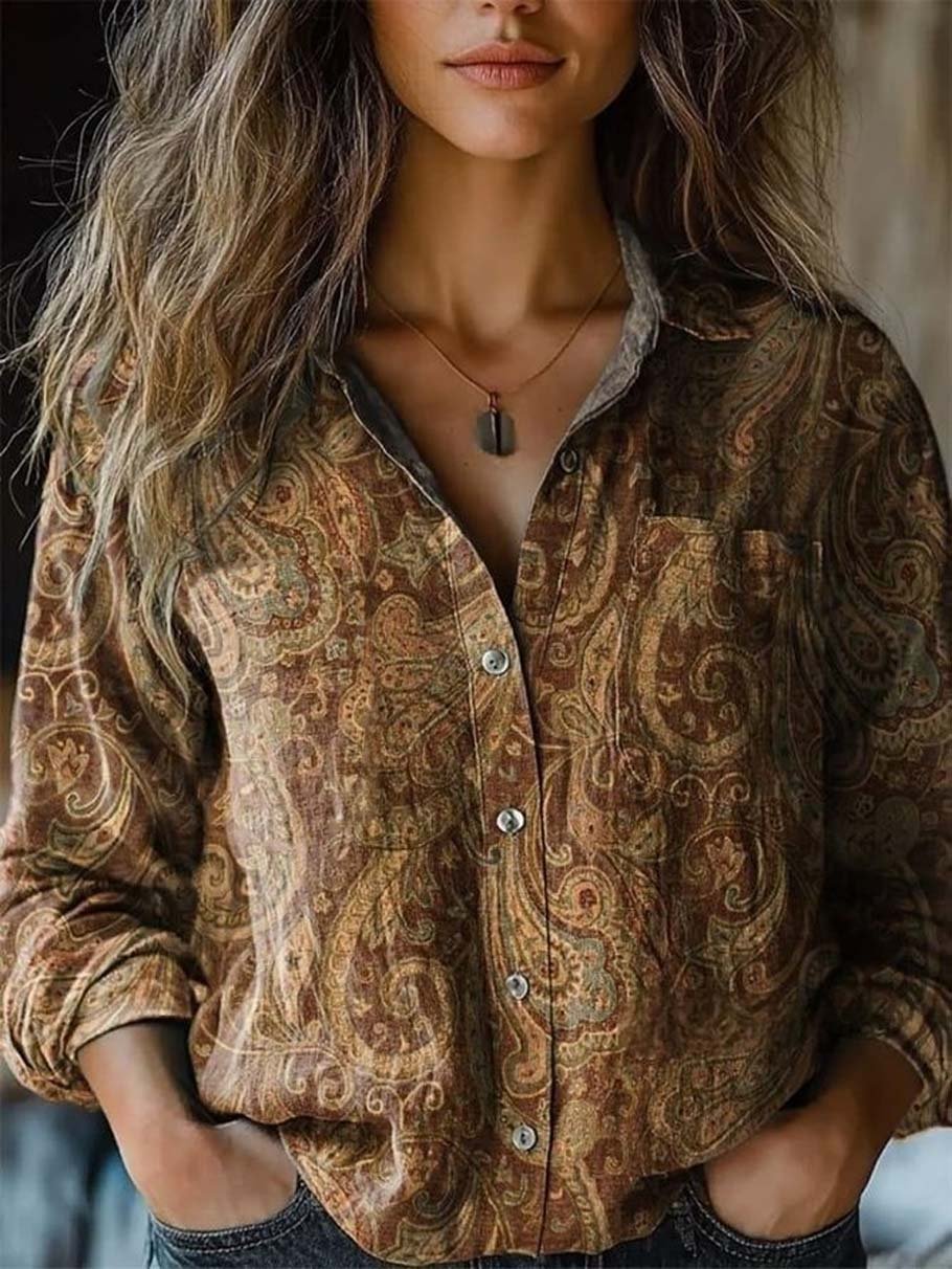 Women's Long Sleeve Shirt Spring/Fall Paisley Shawl Collar Daily Going Out Vintage Top