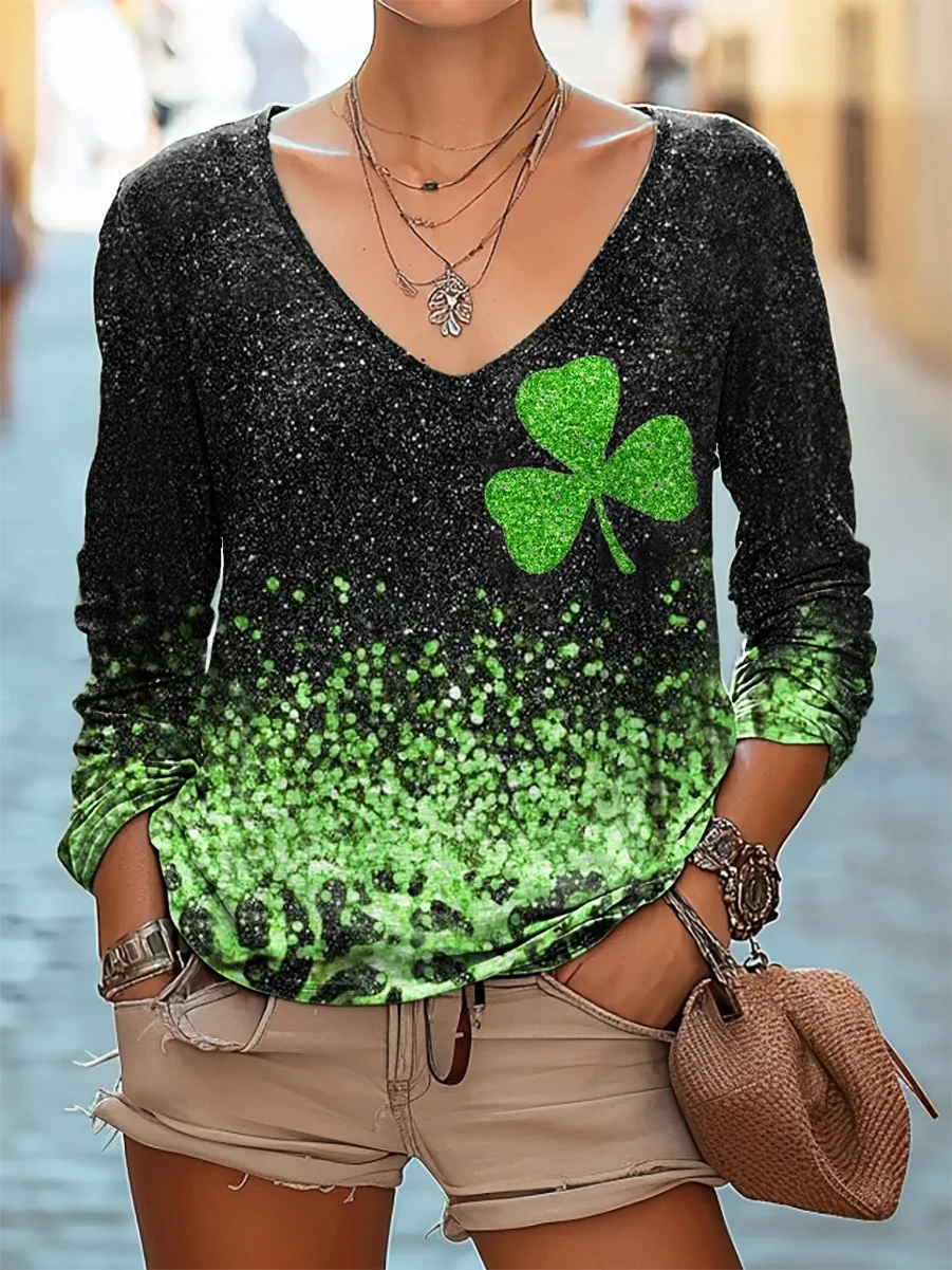 Women's Shamrock Long Sleeve Tee T-shirt V Neck Casual Spring/Fall Top