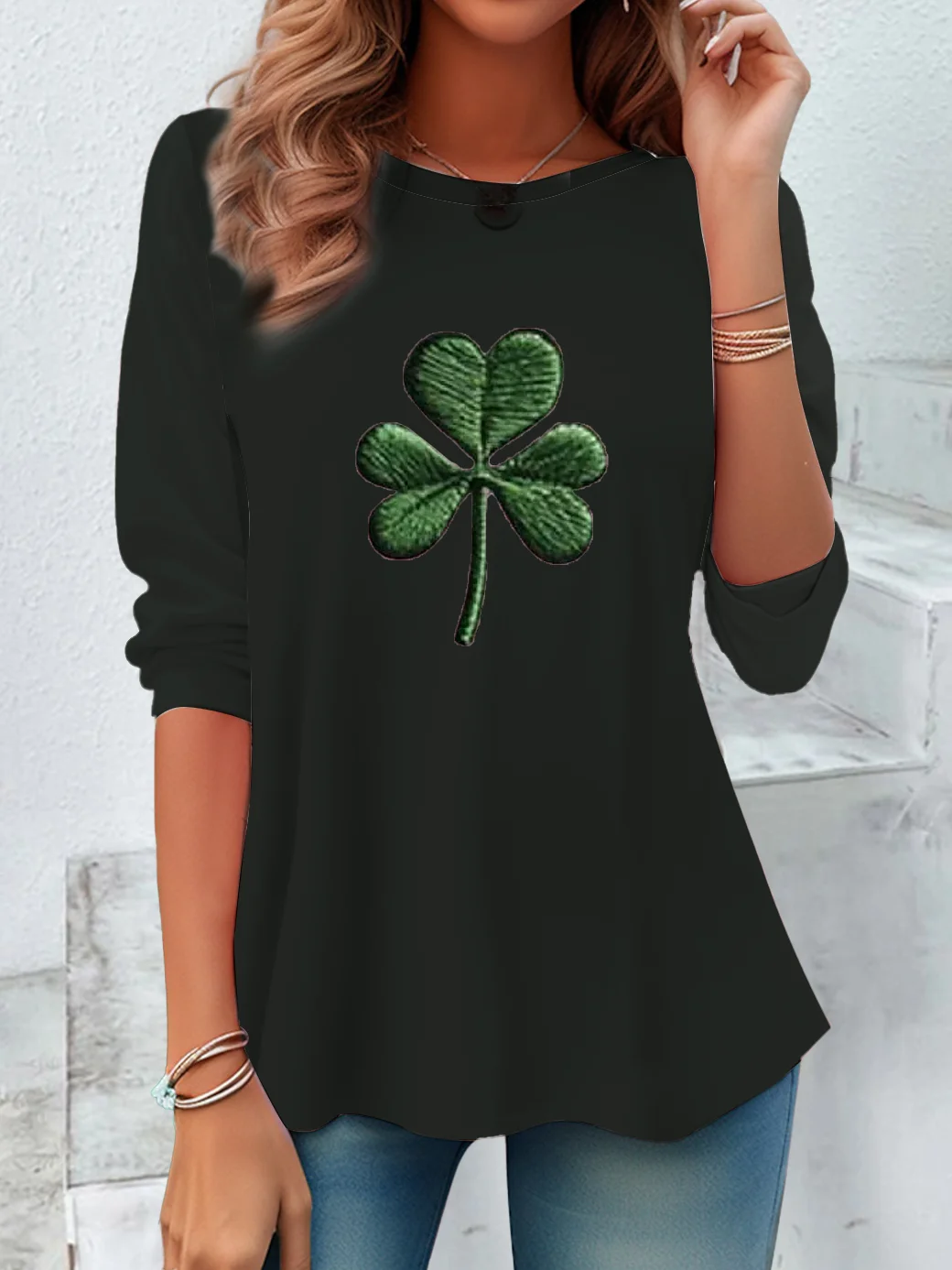 Women's Long Sleeve Tee T-shirt Spring/Fall Shamrock Printing Crew Neck Casual Graphic Tee Top