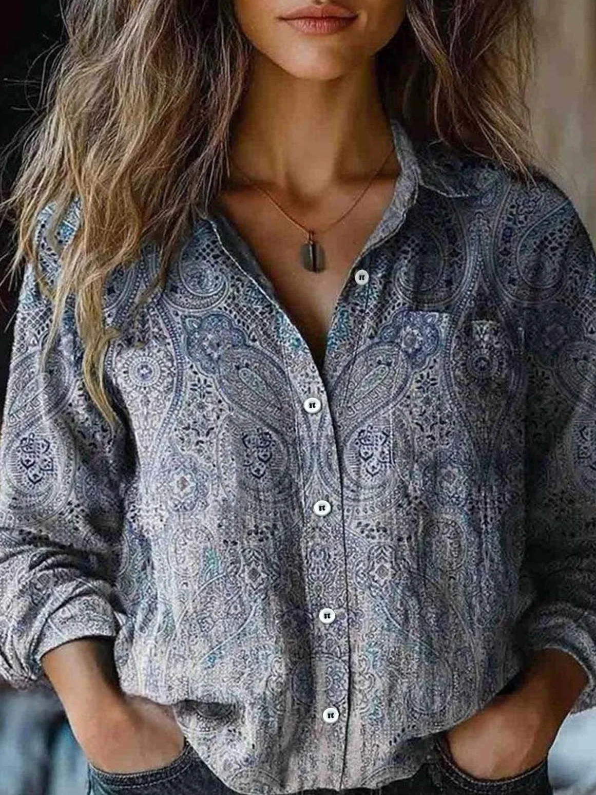 Women's Long Sleeve Shirt Spring/Fall Ethnic Shawl Collar Daily Going Out Vintage Top