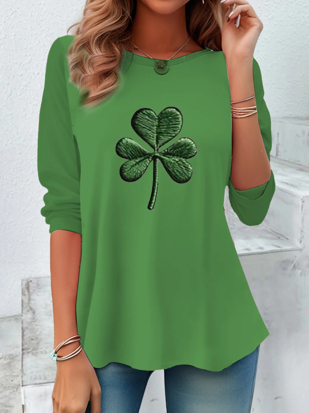 Women's Long Sleeve Tee T-shirt Spring/Fall Shamrock Printing Crew Neck Casual Graphic Tee Top