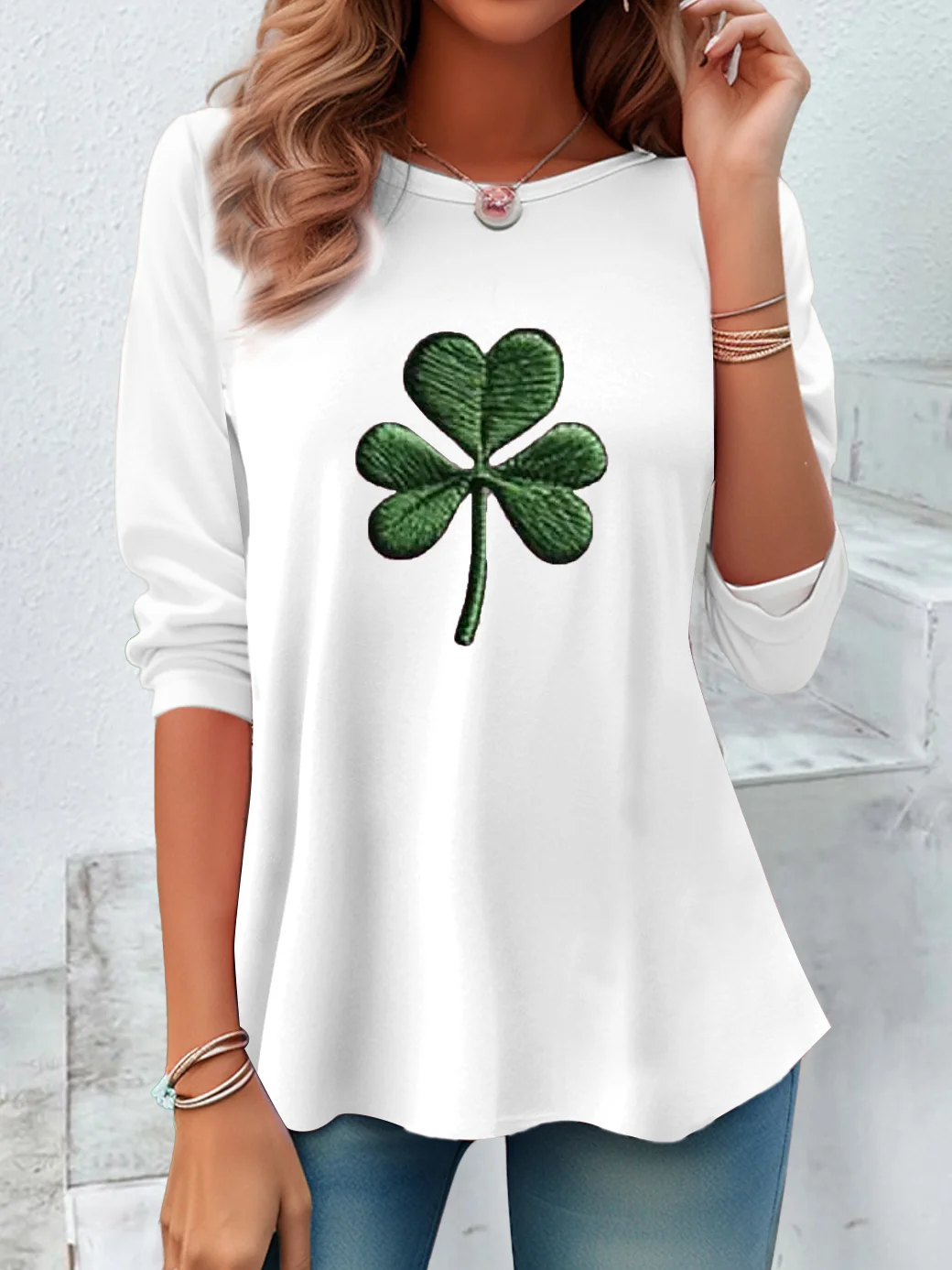 Women's Long Sleeve Tee T-shirt Spring/Fall Shamrock Printing Crew Neck Casual Graphic Tee Top