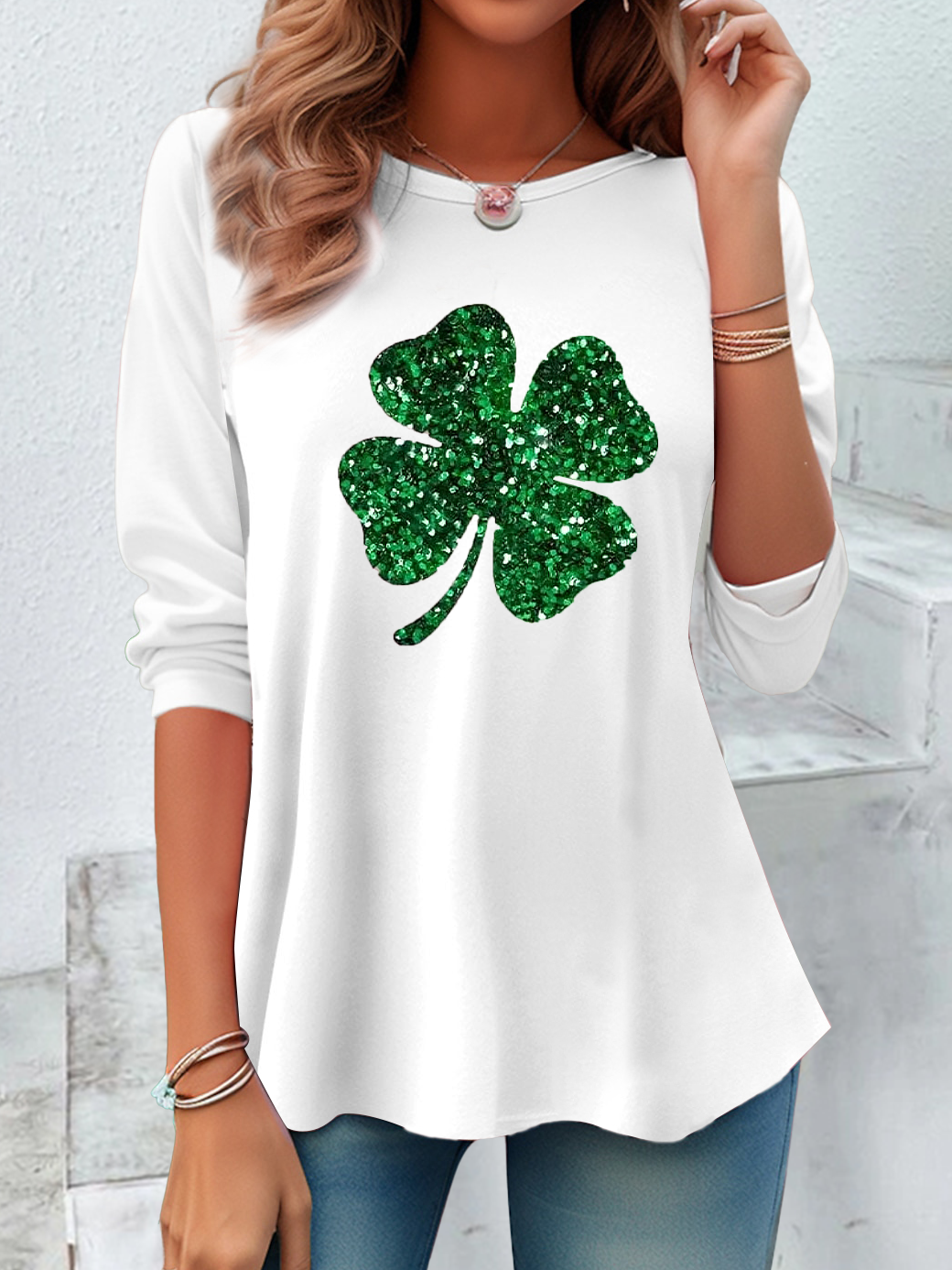 Women's Long Sleeve Tee T-shirt Spring/Fall Shamrock Printing Crew Neck Casual Graphic Tee Top