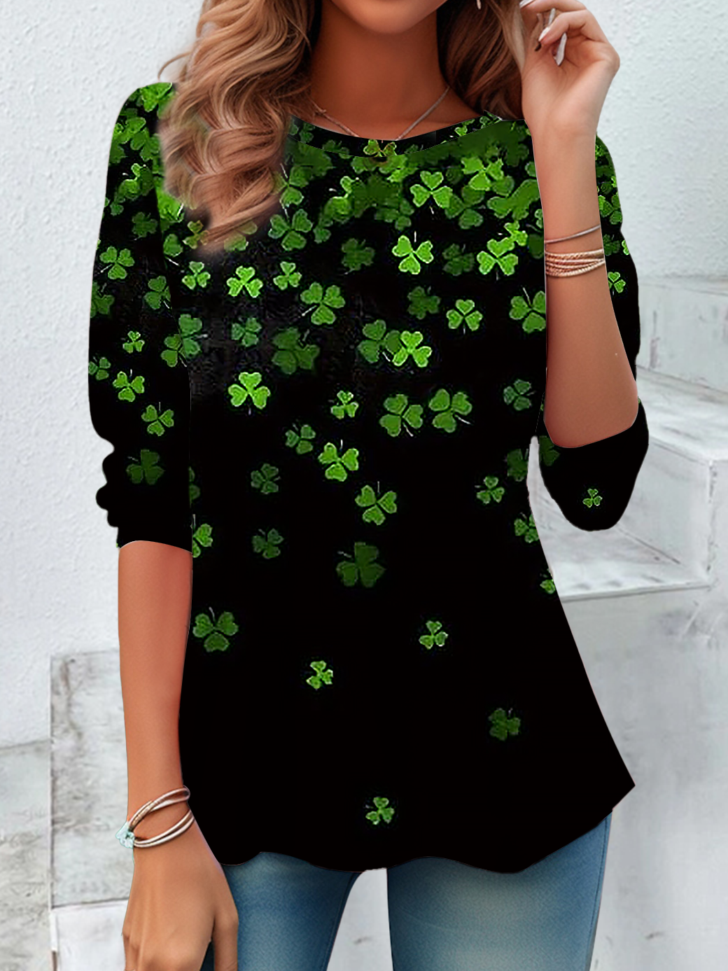 Women's Long Sleeve Tee T-shirt Spring/Fall Shamrock Printing Crew Neck Casual Graphic Tee Top