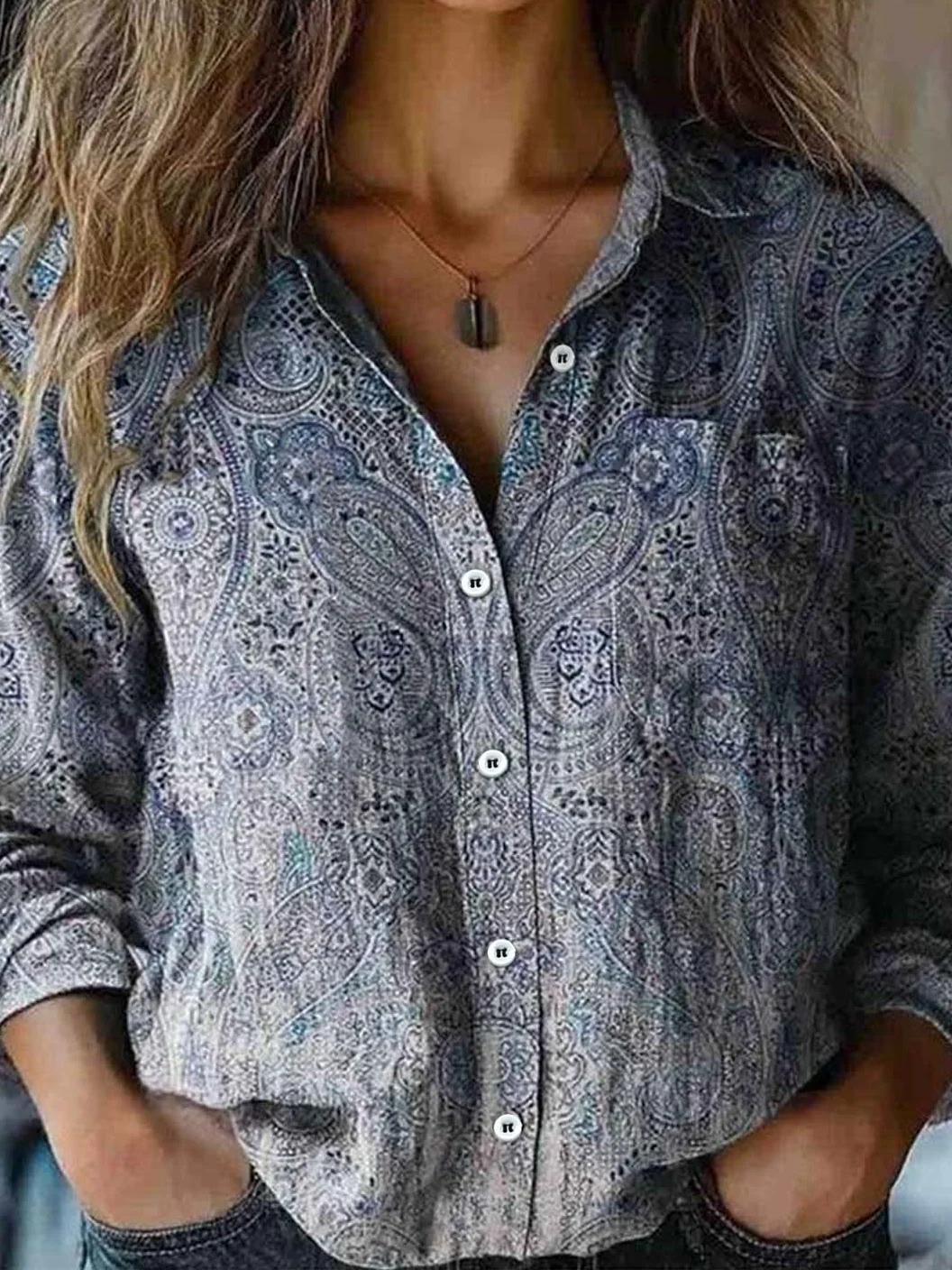 Women's Long Sleeve Shirt Spring/Fall Ethnic Shawl Collar Daily Going Out Vintage Top