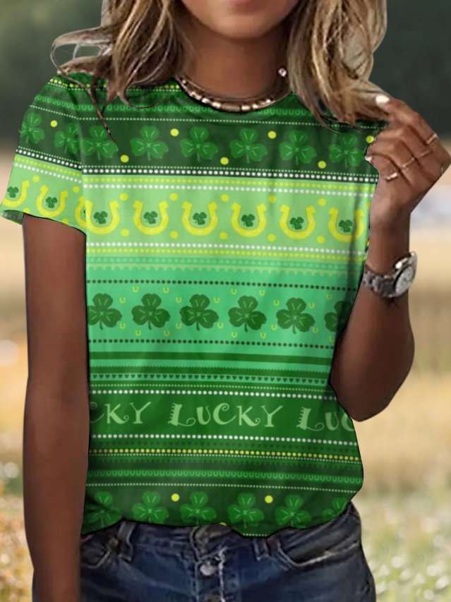 Women's Shamrock Striped Short Sleeve Tee T-shirt Crew Neck Casual Summer Top