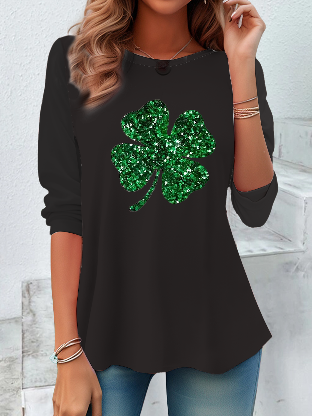 Women's Long Sleeve Tee T-shirt Spring/Fall Shamrock Printing Crew Neck Casual Graphic Tee Top