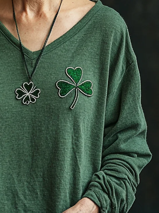 Women's Long Sleeve Tee T-shirt Spring/Fall Shamrock V Neck Casual Graphic Tee Top