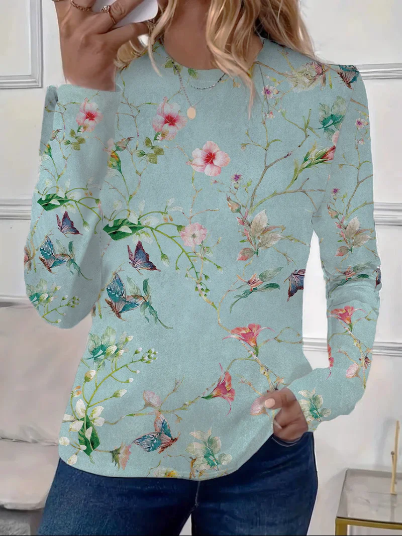 Women's Long Sleeve Tee T-shirt Spring/Fall Floral Printing Crew Neck Casual Top