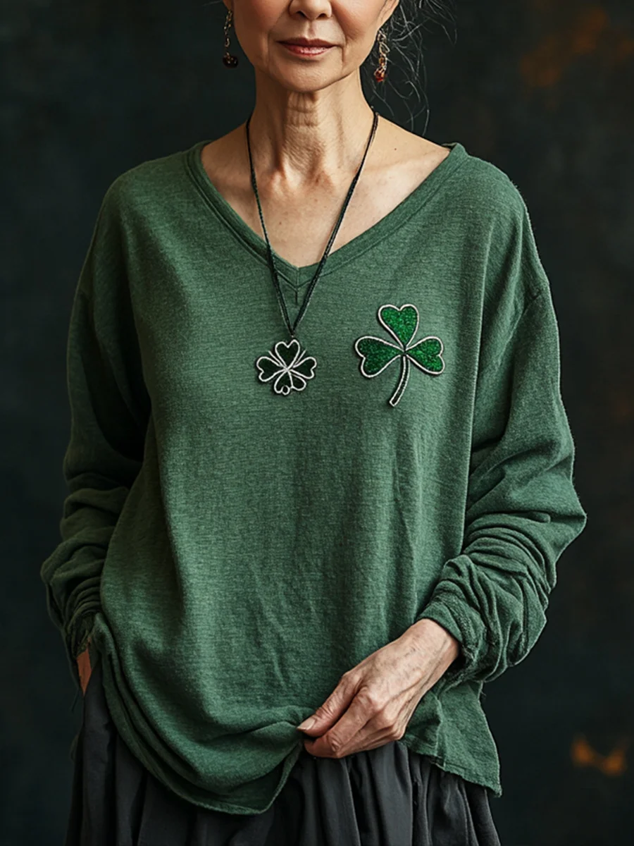 Women's Long Sleeve Tee T-shirt Spring/Fall Shamrock V Neck Casual Graphic Tee Top