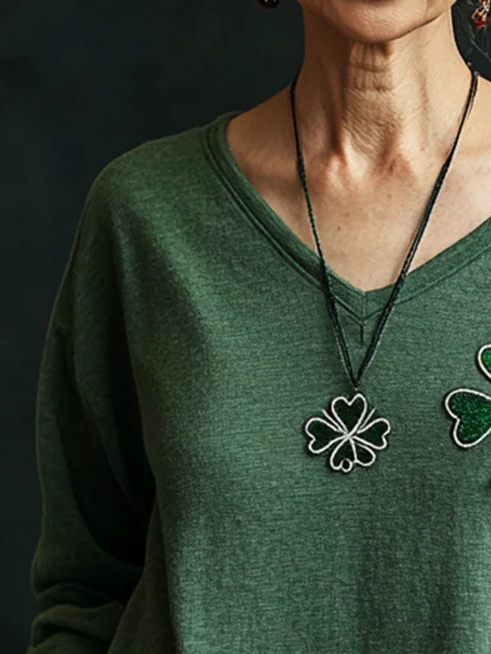 Women's Long Sleeve Tee T-shirt Spring/Fall Shamrock V Neck Casual Graphic Tee Top