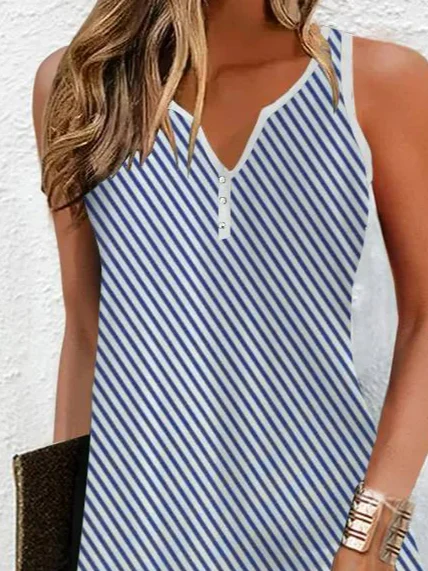 Women's Sleeveless Summer Striped Printing Dress Notched Daily Going Out Casual Mini Tank H-Line Dress