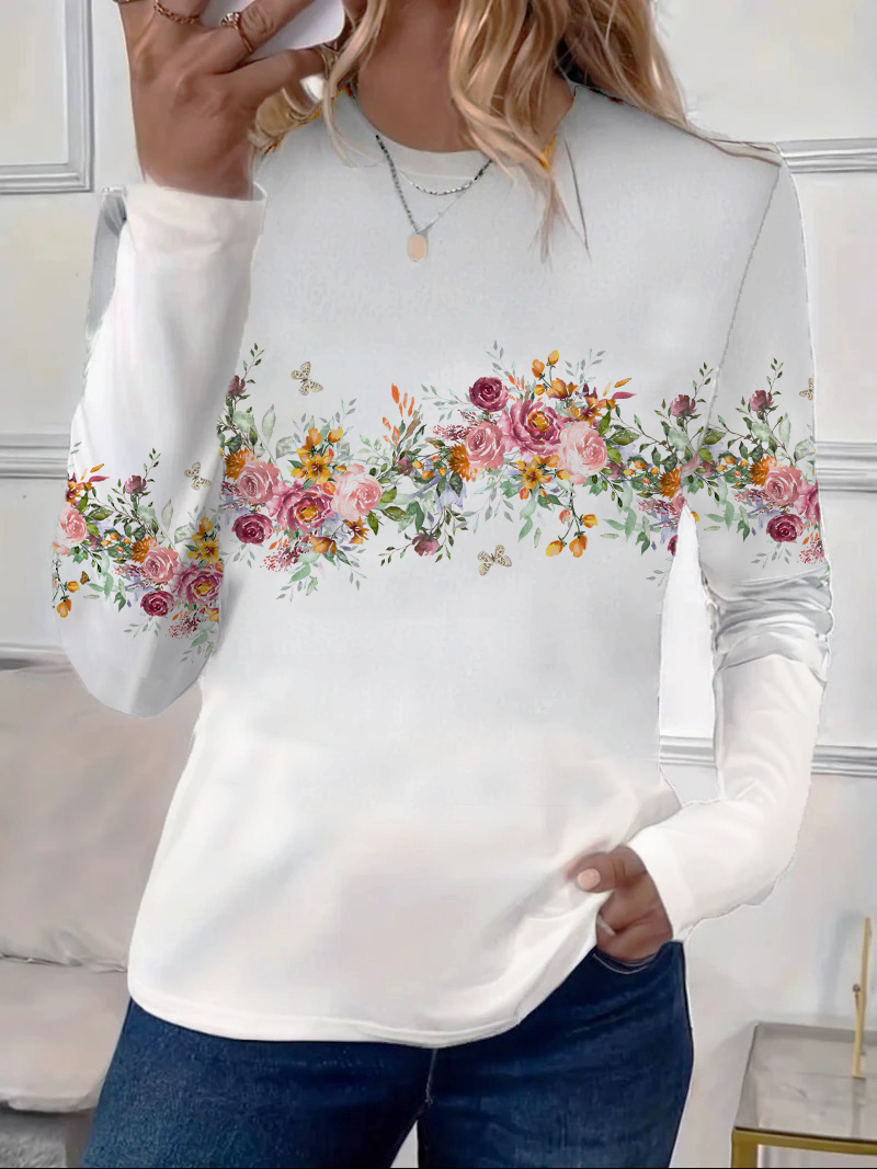 Women's Long Sleeve Tee T-shirt Spring/Fall Floral Printing Crew Neck Casual Top