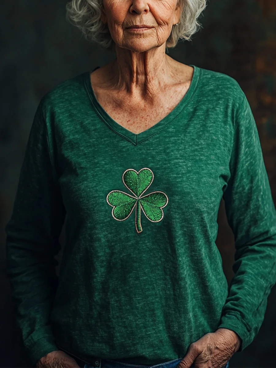 Women's Long Sleeve Tee T-shirt Spring/Fall Shamrock St Patrick's Day Floral V Neck Casual Graphic Tee Top