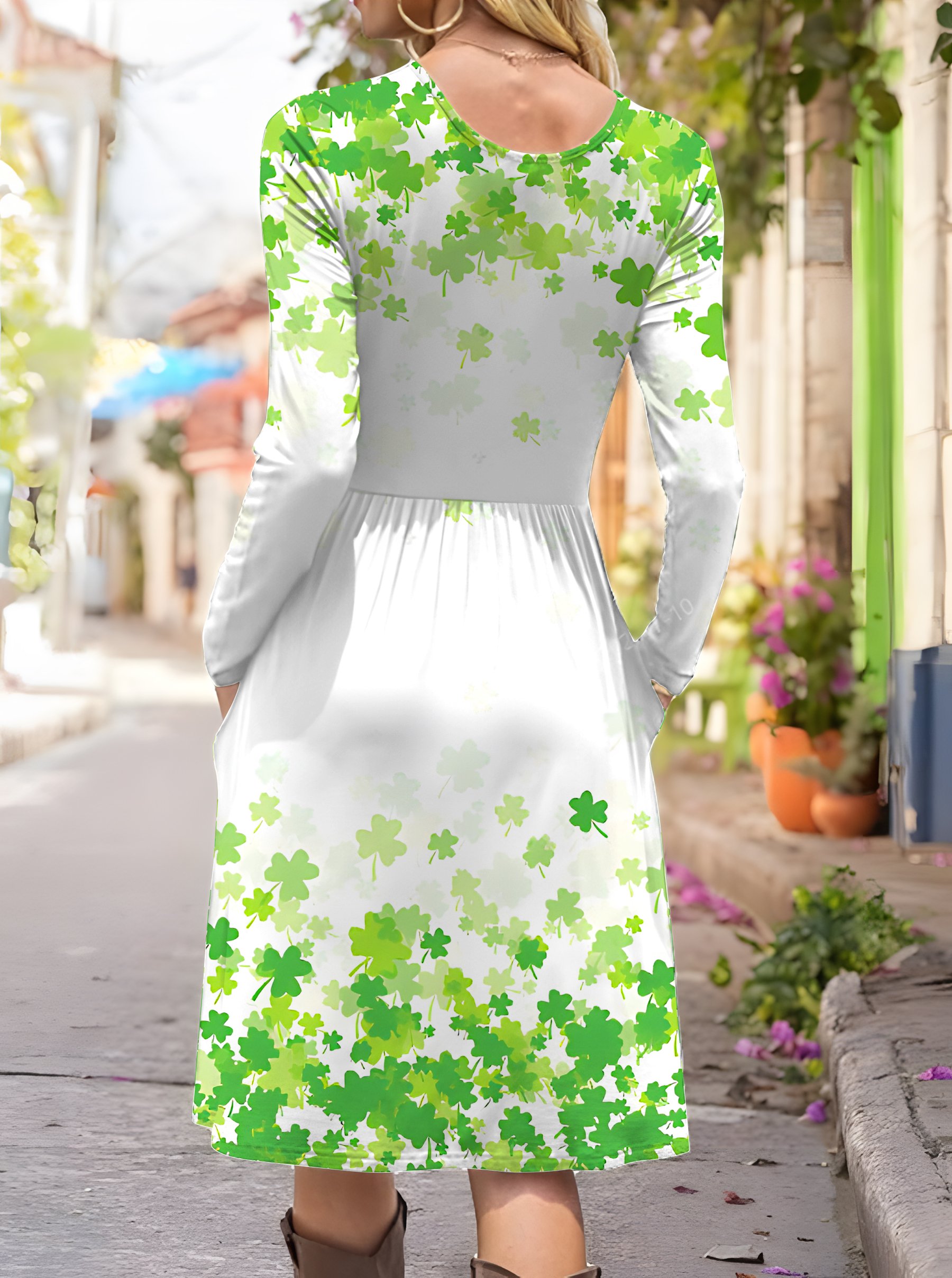 Women's Shamrock Long Sleeve Spring/Fall Dress Crew Neck Daily Vintage Midi A-Line Dress