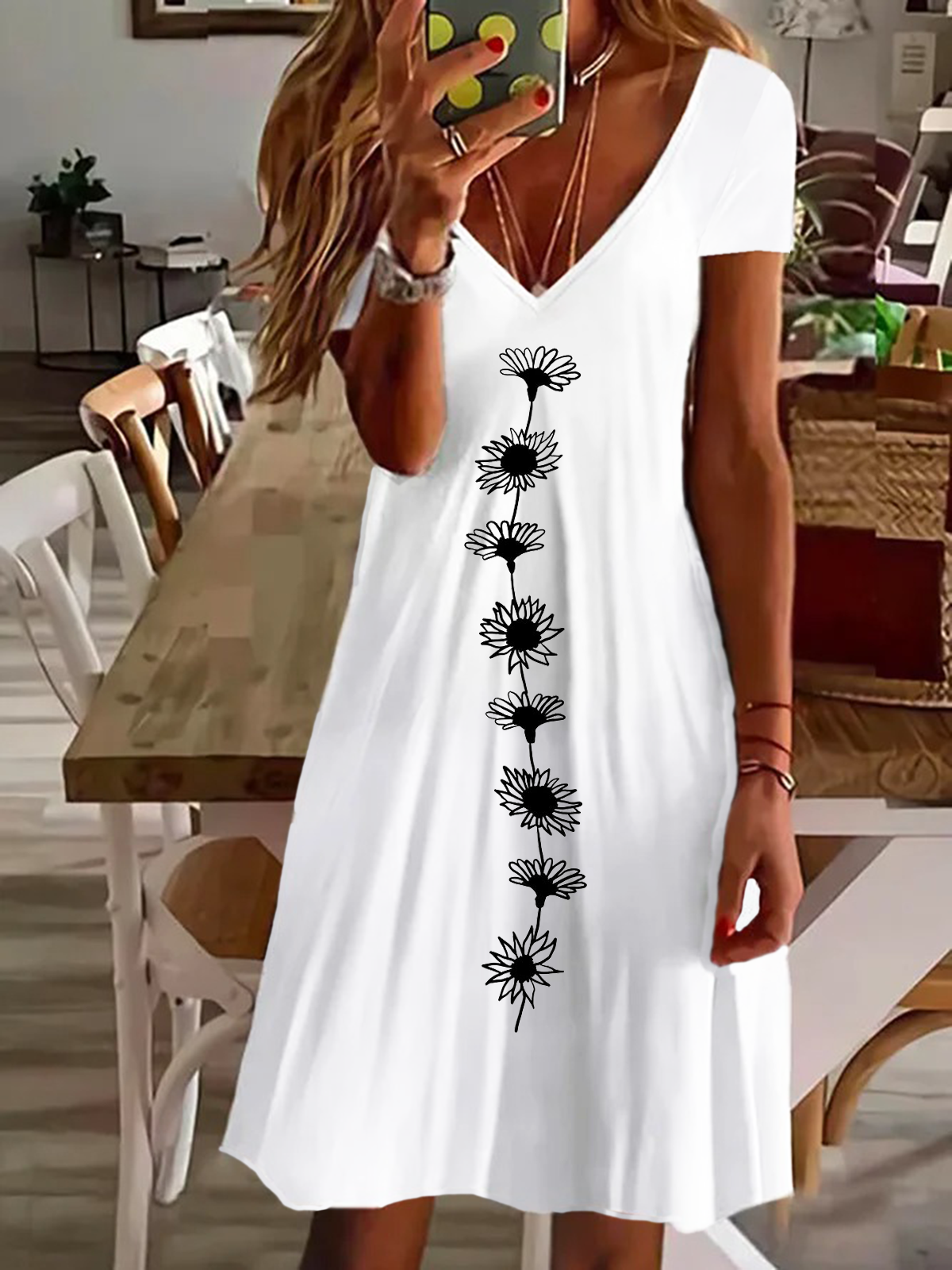 Women's Short Sleeve Summer Floral Printing Dress V Neck Daily Going Out Casual Knee Length T-Shirt Dress H-Line Dress