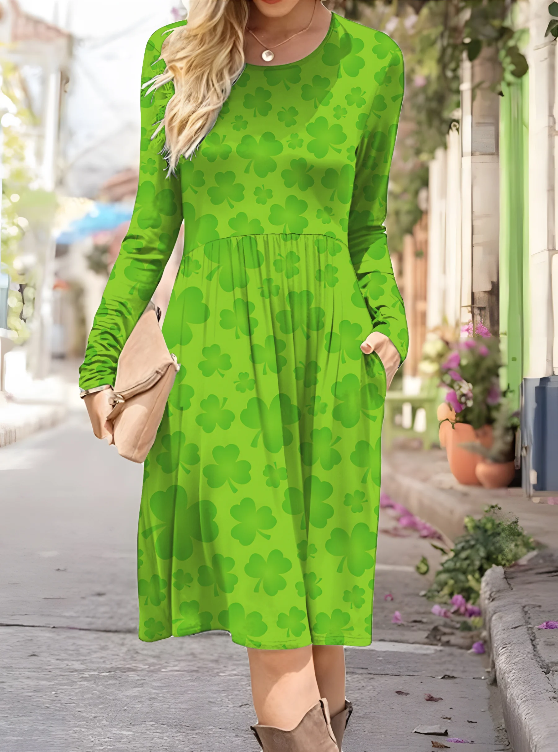 Women's Shamrock Long Sleeve Spring/Fall Dress Crew Neck Daily Casual Midi A-Line Dress