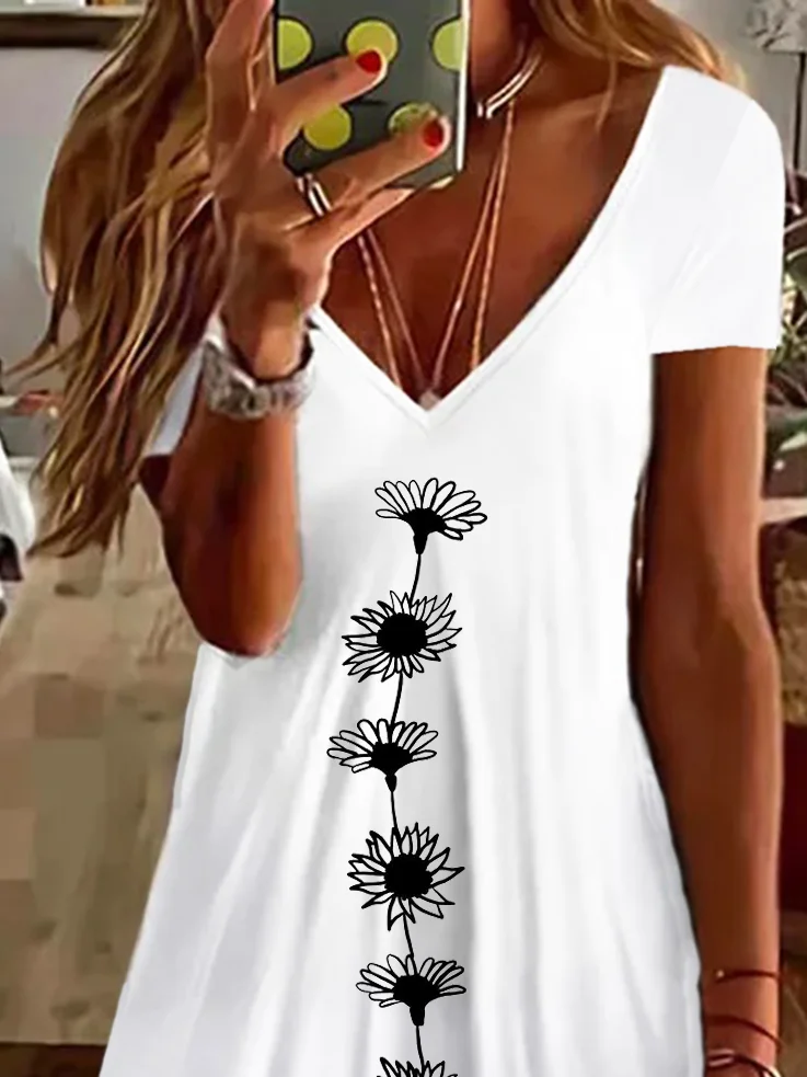 Women's Short Sleeve Summer Floral Printing Dress V Neck Daily Going Out Casual Knee Length T-Shirt Dress H-Line Dress