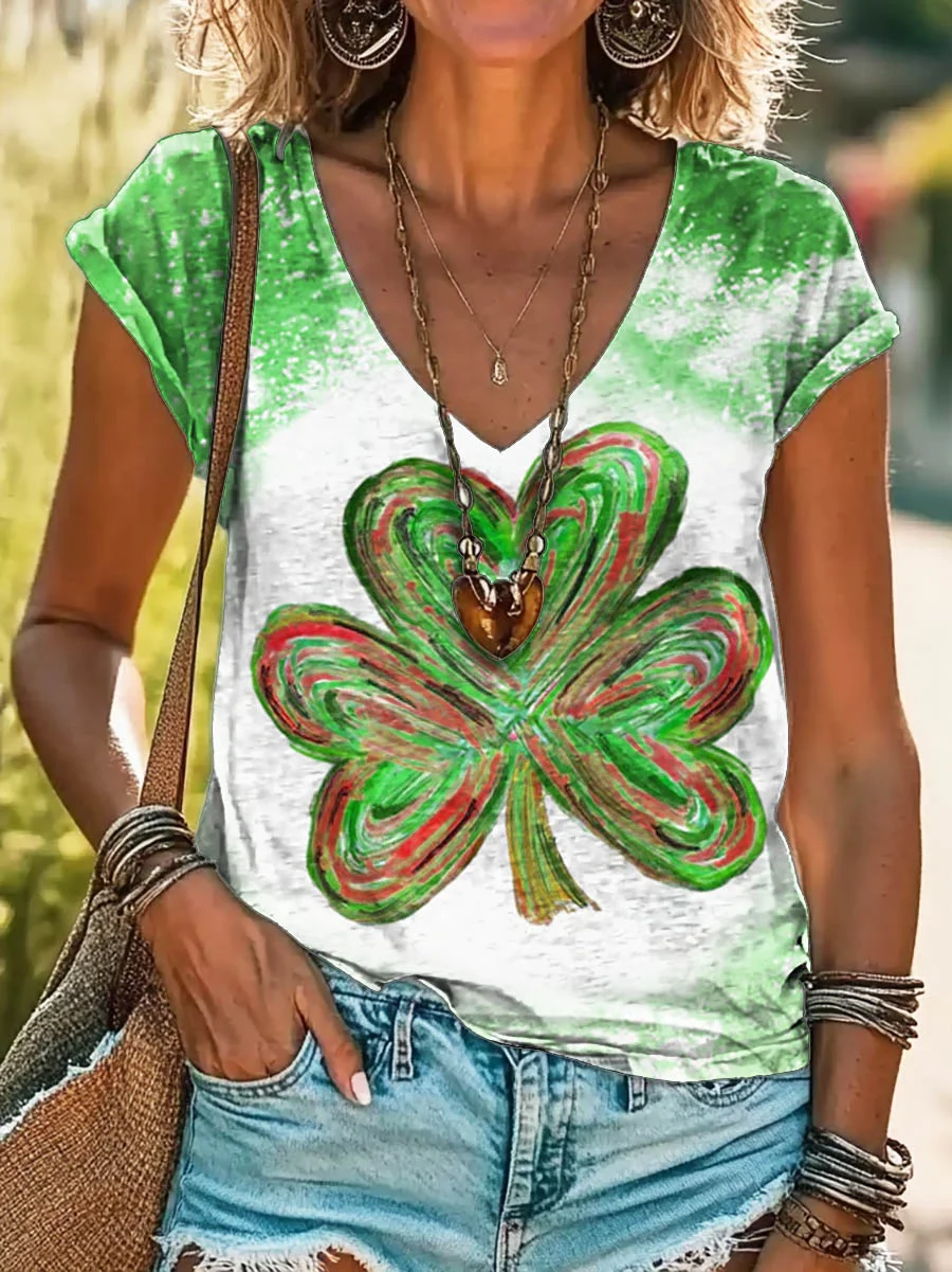 Women's Shamrock Ombre Short Sleeve Tee T-shirt V Neck Casual Summer Top