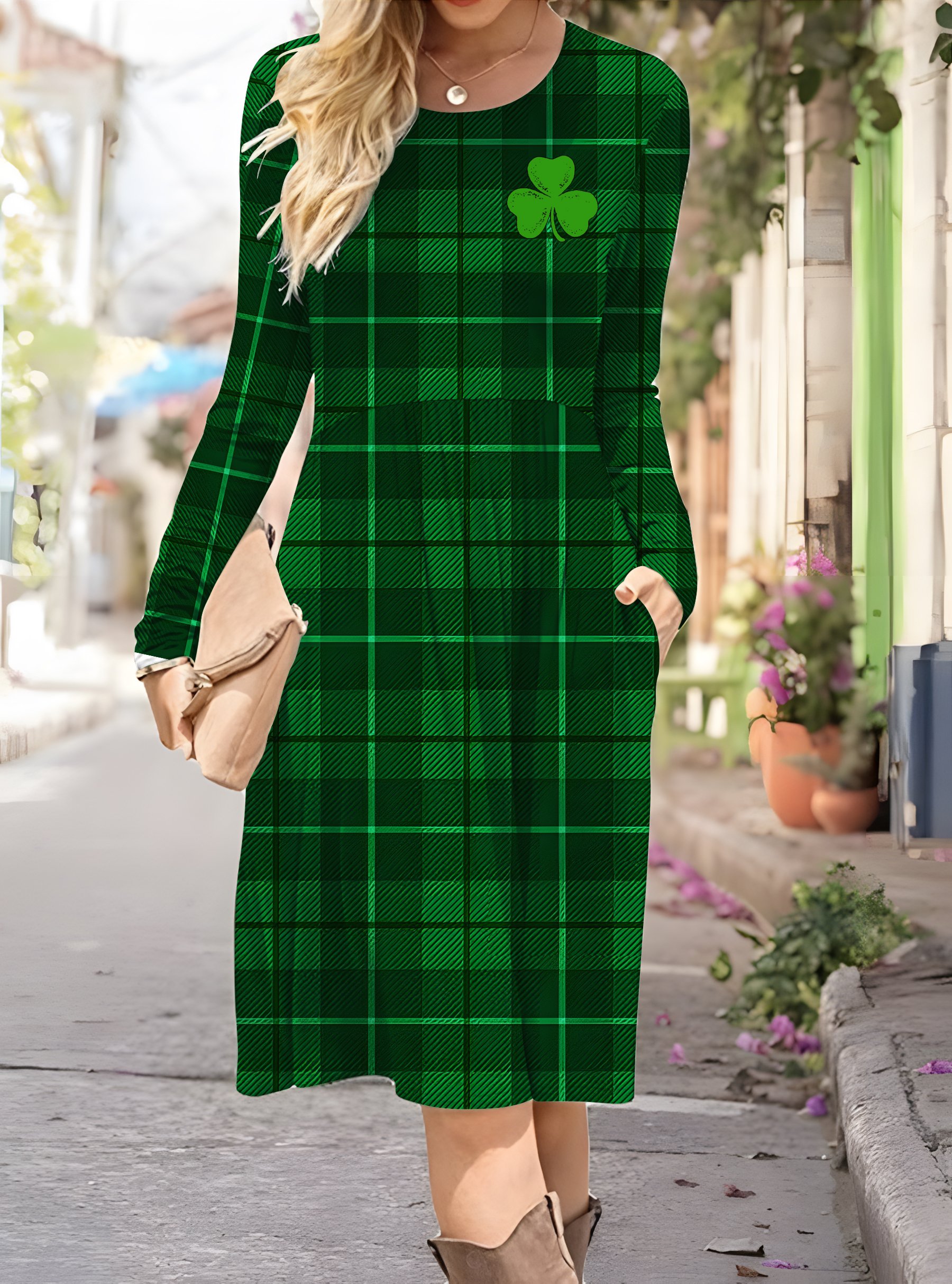 Women's Shamrock Long Sleeve Spring/Fall Dress Crew Neck Daily Casual Midi A-Line Dress