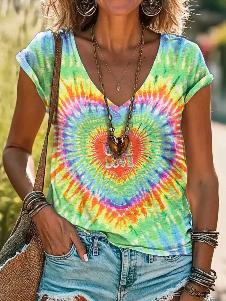 Women's Short Sleeve Tee T-shirt Summer Tie Dye Printing V Neck Casual Graphic Tee Top