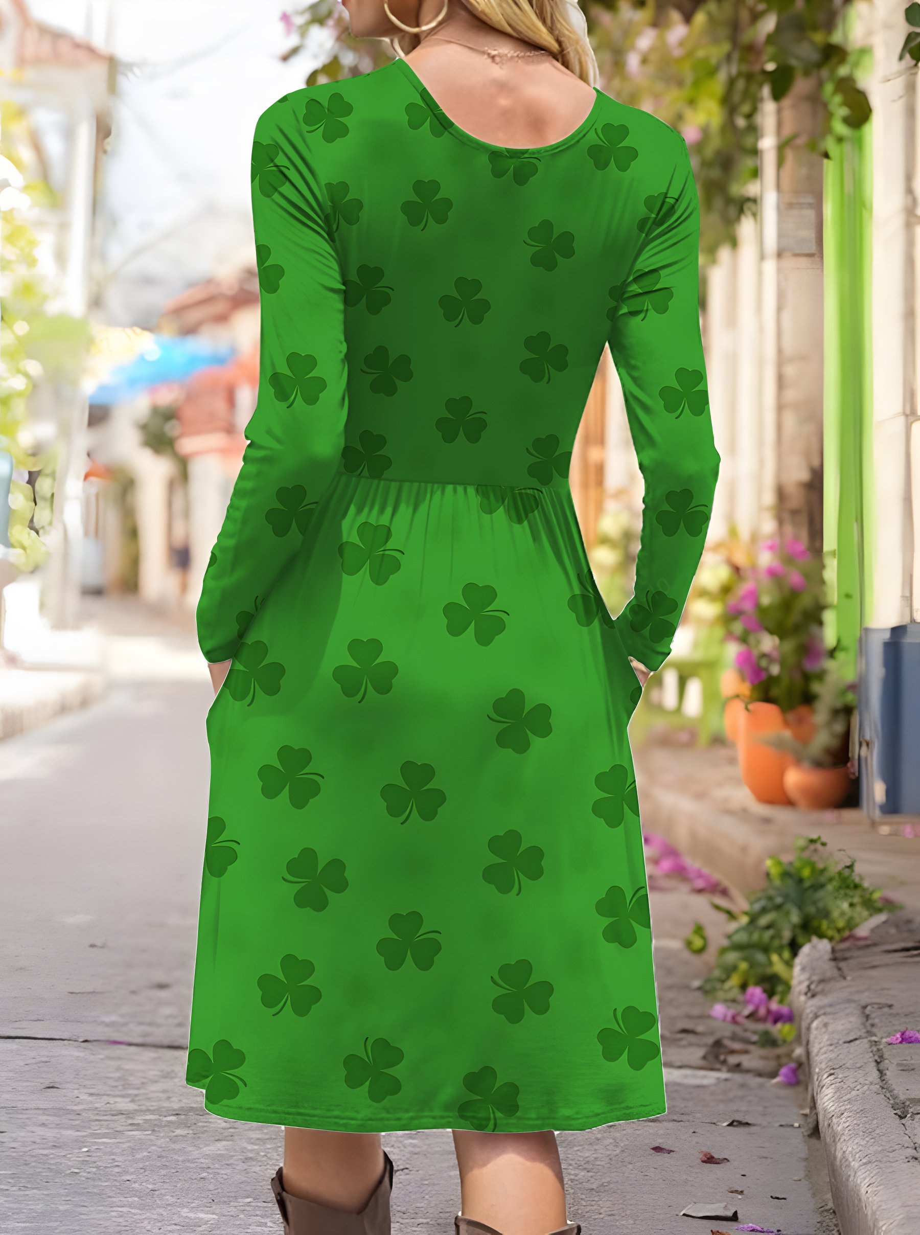 Women's Shamrock Long Sleeve Spring/Fall Dress Crew Neck Daily Vintage Midi A-Line Dress