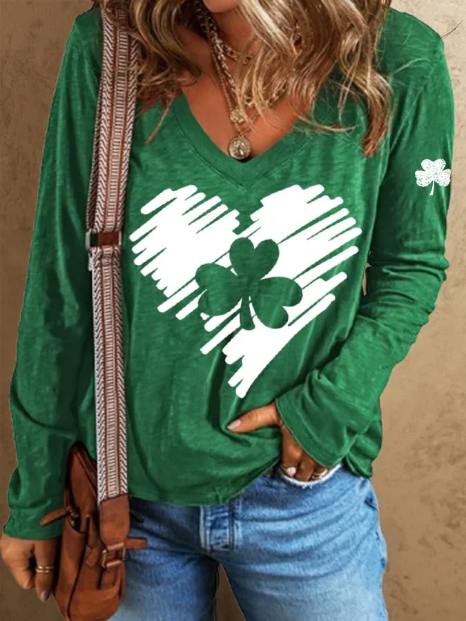 Women's Shamrock Long Sleeve Tee T-shirt V Neck Printing Casual Spring/Fall Top