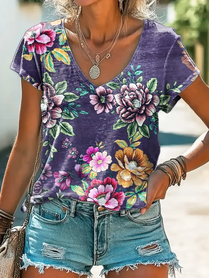 Women's Short Sleeve Tee T-shirt Summer Floral V Neck Casual Graphic Tee Top