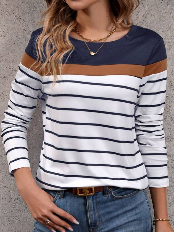 Women's Long Sleeve Tee T-shirt Spring/Fall Striped Printing Crew Neck Casual Top